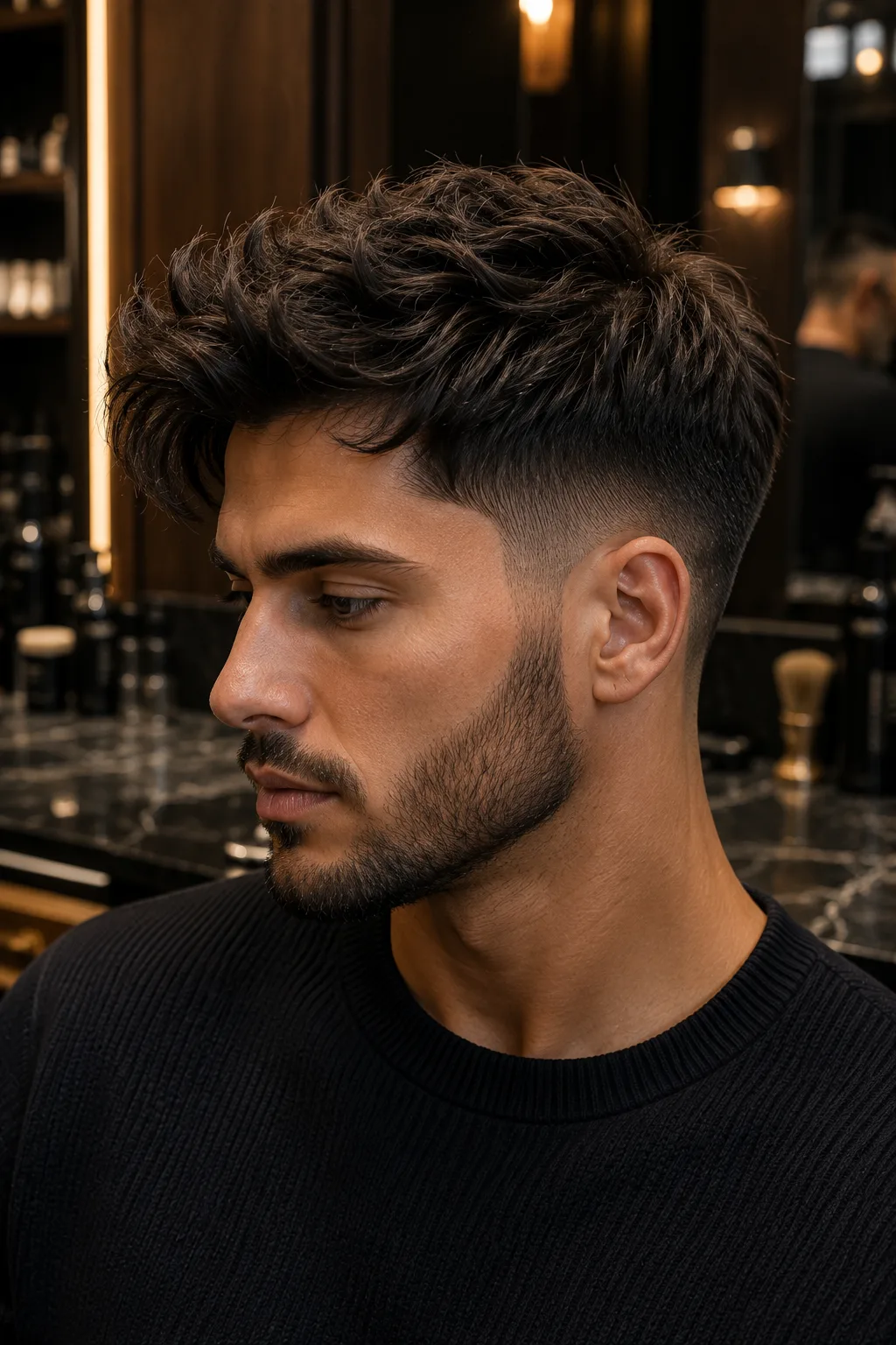 Ein Mann mit einem modernen Textured Quiff, kurzem Fade an den Seiten und gepflegtem Bart im Barbershop.