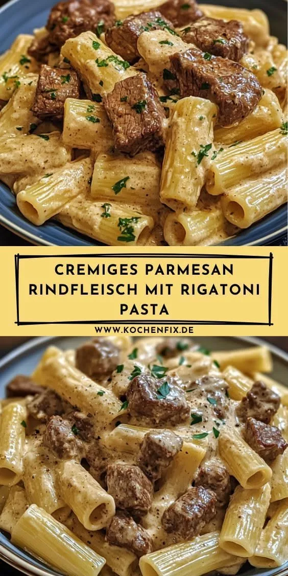 Zwei Teller mit Rigatoni-Nudeln in einer cremigen Sauce mit Rindfleischwürfeln und frischen Kräutern.