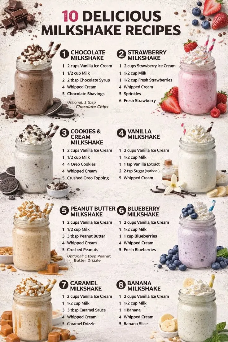 Eine Übersicht von acht verschiedenen Milkshake-Sorten in Gläsern, darunter Schokolade, Erdbeere und Vanille.