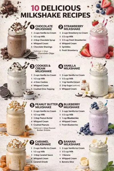 Eine Übersicht von acht verschiedenen Milkshake-Sorten in Gläsern, darunter Schokolade, Erdbeere und Vanille.