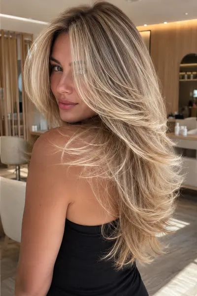 Eine Frau mit langem, blondem Haar im Butterfly-Schnitt mit hellen Champagner-Highlights im Friseursalon.