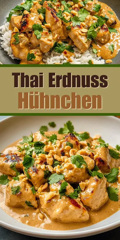 Ein Teller mit zart gebratenen Hähnchenstücken in Erdnusssauce, garniert mit Koriander und Erdnüssen auf weißem Reis.