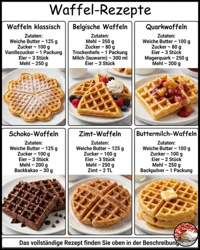 Eine Übersichtsgrafik mit sechs verschiedenen Waffelsorten und den dazugehörigen Zutatenlisten.