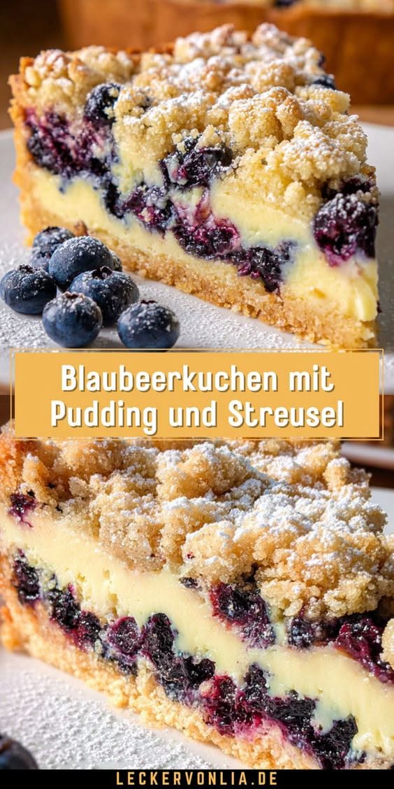 Ein Stück Blaubeerkuchen mit einer cremigen Puddingfüllung, bedeckt mit Streuseln und bestäubt mit Puderzucker.