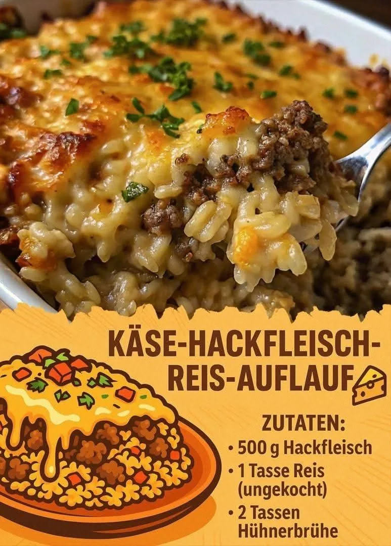 Ein goldbraun überbackener Käse-Hackfleisch-Reis-Auflauf wird in einer weißen Form serviert.