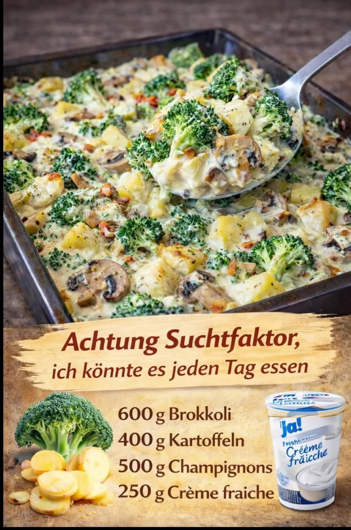 Ein Servierlöffel hebt einen cremigen Brokkoli-Kartoffel-Auflauf mit Pilzen aus einer eckigen Auflaufform.