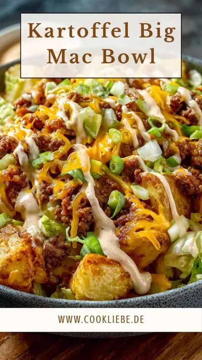 Eine Schüssel gefüllt mit knusprigen Kartoffelwürfeln, Hackfleisch, geschmolzenem Cheddar und cremigem Dressing.
