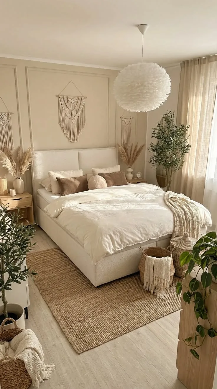 Ein gemütliches Schlafzimmer in Beigetönen mit Makramee-Wandbehang, Jute-Teppich und Olivenbäumen.