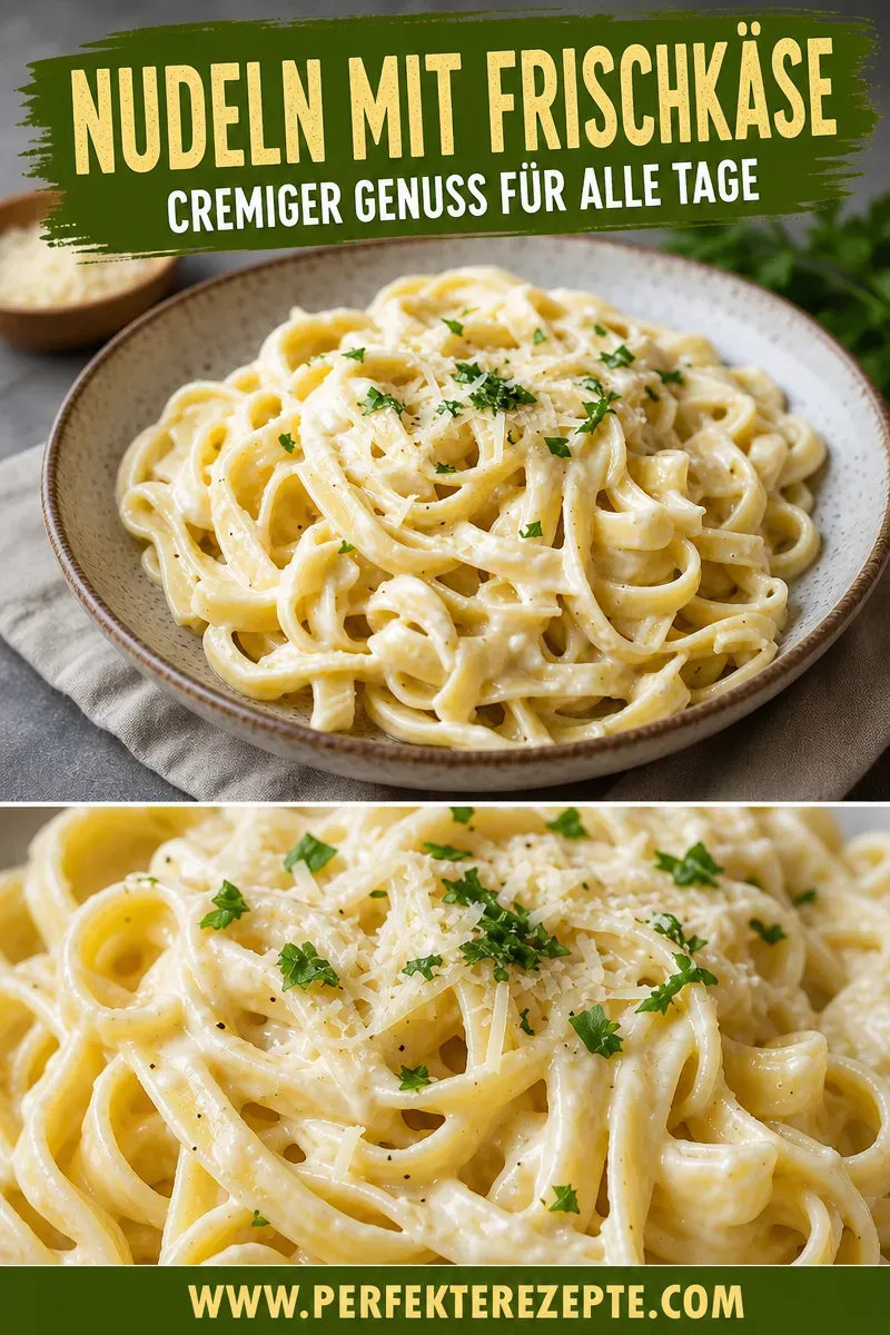 Ein Teller mit cremigen Bandnudeln, bestreut mit frischen Kräutern und geriebenem Käse.