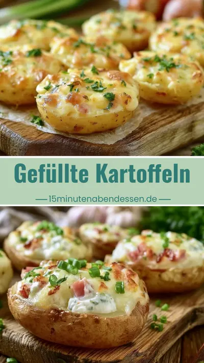 Mit Käse überbackene, gefüllte Kartoffelhälften auf einem Holzbrett mit Schnittlauch bestreut.