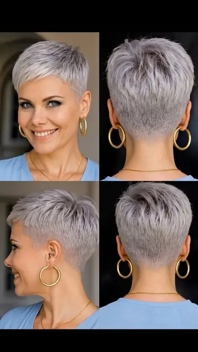 Eine Collage einer Frau mit kurzem, silbergrauem Pixie-Cut aus verschiedenen Perspektiven.