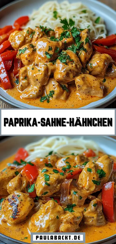 Nahaufnahme einer cremigen Paprika-Sahne-Hähnchenpfanne mit frischer Petersilie und Nudeln auf einem Teller.
