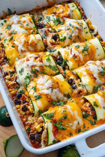 Eine Auflaufform mit Zucchini-Röllchen, gefüllt mit Hähnchen, Bohnen und Mais, überbacken mit Käse auf einem Holztisch.