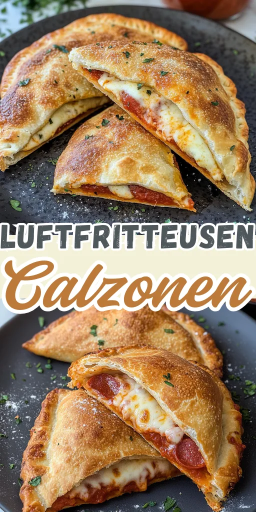 Zwei Bilder von goldbraun gebackenen Calzone-Taschen, die auf einem dunklen Teller liegen und mit Käse gefüllt sind.