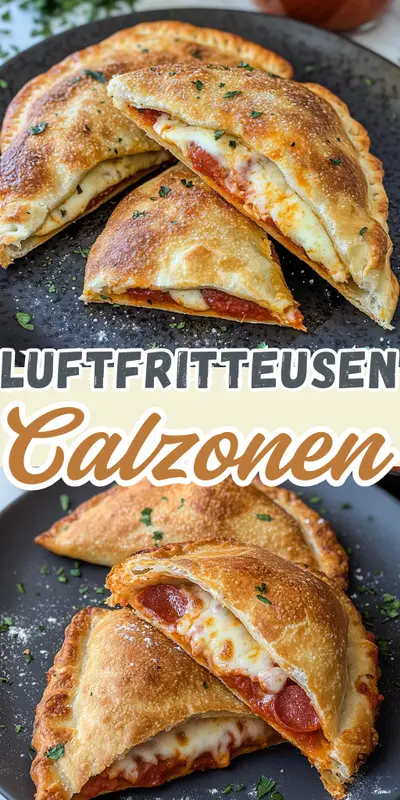 Zwei Bilder von goldbraun gebackenen Calzone-Taschen, die auf einem dunklen Teller liegen und mit Käse gefüllt sind.