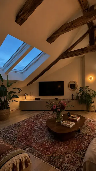 Ein stimmungsvolles Dachgeschoss-Wohnzimmer mit Holzbalken, Vintage-Teppich und indirekter Beleuchtung.