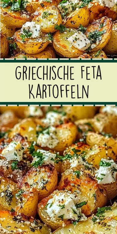 Nahaufnahme von ofengerösteten Kartoffelspalten mit gewürfeltem Feta-Käse und gehackten Kräutern.