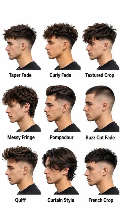 Eine Übersicht von neun verschiedenen modernen Männerfrisuren im Profil, von Fades bis hin zu längeren Styles.