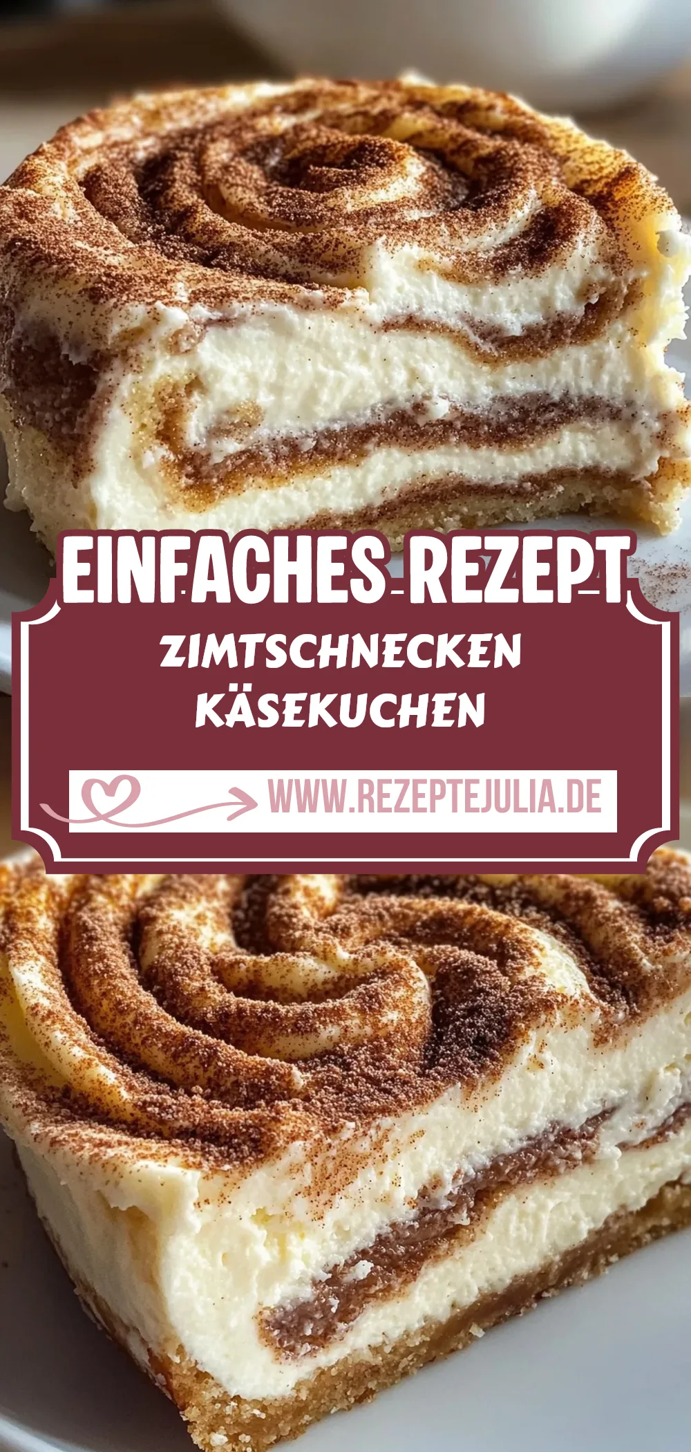 Ein runder Käsekuchen mit einer spiralförmigen Zimtfüllung und einer leichten Bestäubung aus Zimtpulver.