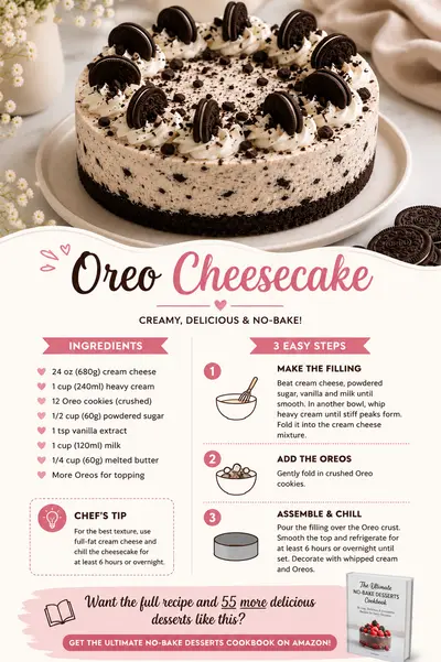 Ein runder Oreo-Käsekuchen auf einem weißen Teller, garniert mit Sahnetupfern und ganzen Oreo-Keksen.