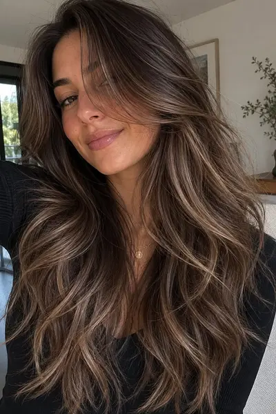 Eine junge Frau mit langem, braunem Haar, das durch sanfte, hellere Balayage-Highlights natürlich aufgehellt ist.