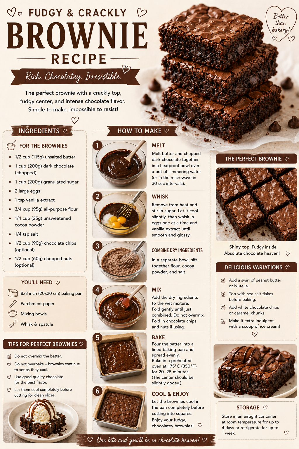 A visual recipe guide for making homemade brownies with step-by-step photos, ingredient lists, and baking tips.