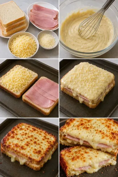 Eine schrittweise Anleitung zur Zubereitung eines französischen Croque Monsieur mit Béchamelsauce und geschmolzenem Käse.