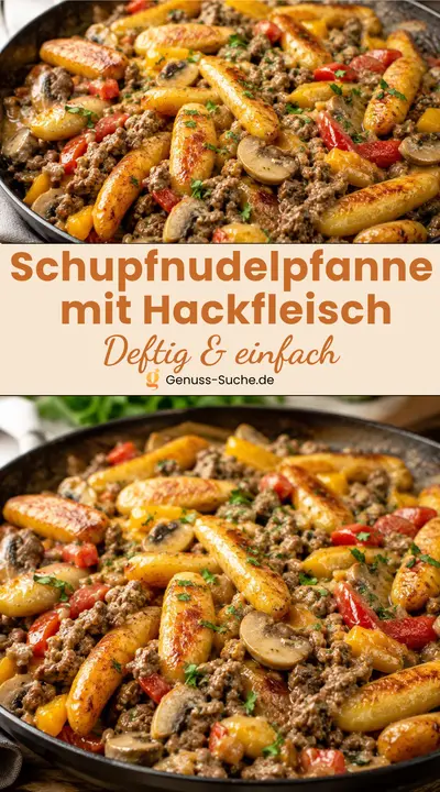 Eine gusseiserne Pfanne gefüllt mit gebratenen Schupfnudeln, Hackfleisch, Champignons, Paprika und Tomaten.