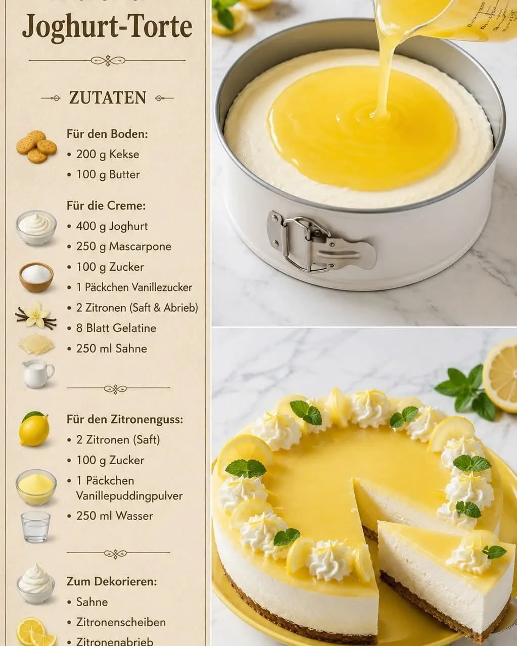 Eine fertige Zitronen-Joghurt-Torte mit gelbem Guss, garniert mit Sahnetupfern, Zitronenscheiben und frischer Minze.