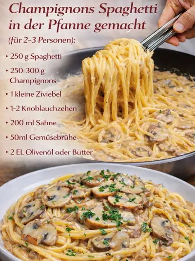 Eine Pfanne mit cremigen Spaghetti in Pilz-Sahnesauce und ein Teller mit dem fertigen Gericht.