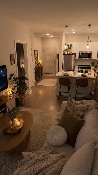 Ein offener Wohnbereich am Abend, beleuchtet durch warmes Licht, mit einem hellen Sofa und einer Kücheninsel.