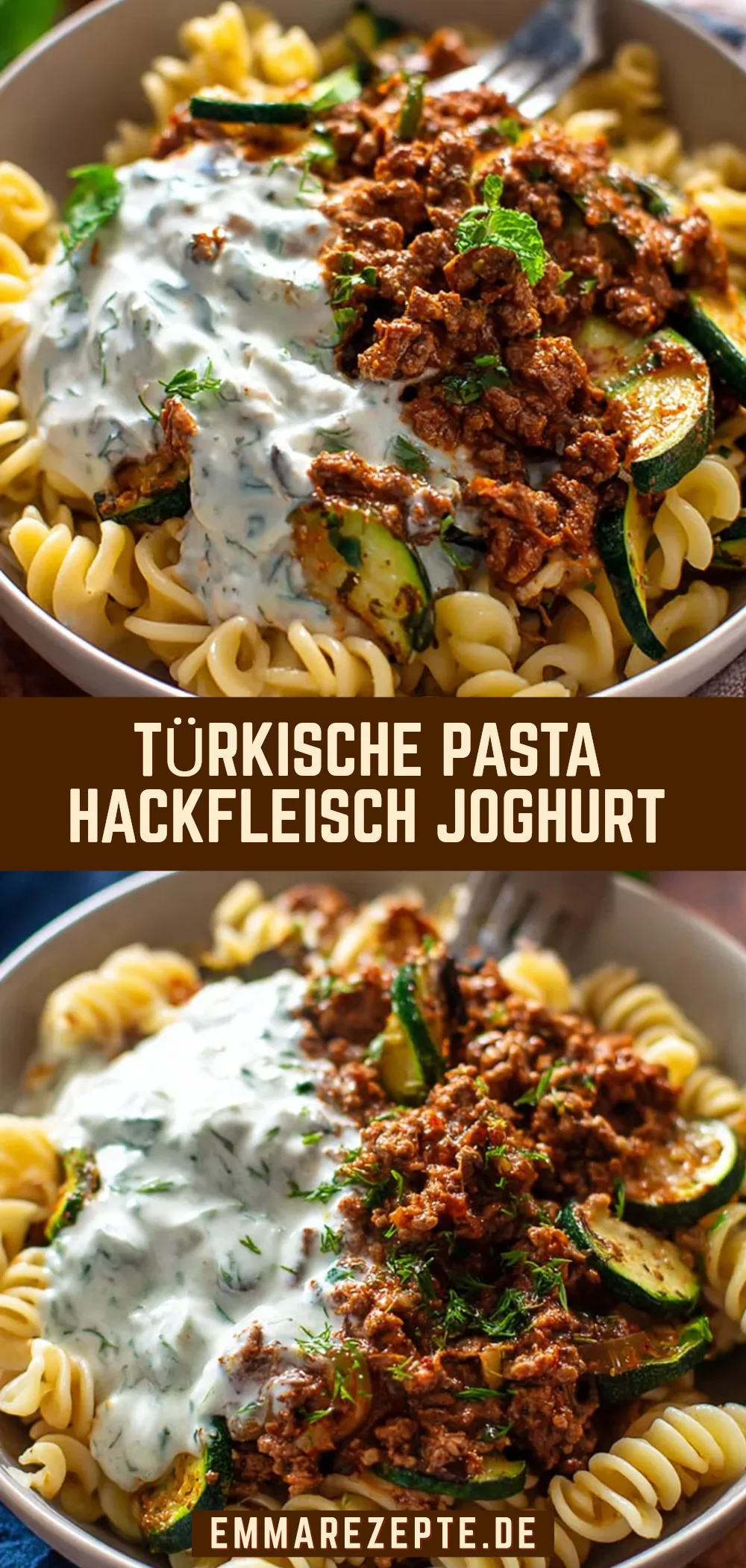 Eine Schüssel mit Fusilli-Nudeln, belegt mit einer Hackfleisch-Zucchini-Pfanne und einer cremigen Kräuterjoghurtsoße.