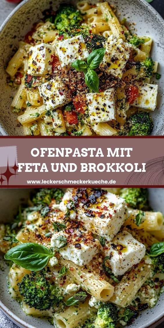 Eine Schüssel mit cremiger Ofenpasta, garniert mit Brokkoli, Feta-Würfeln, Tomaten und frischem Basilikum.