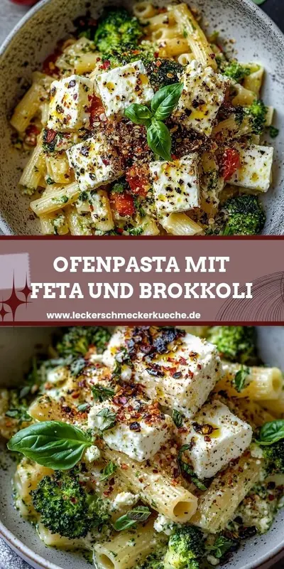 Eine Schüssel mit cremiger Ofenpasta, garniert mit Brokkoli, Feta-Würfeln, Tomaten und frischem Basilikum.