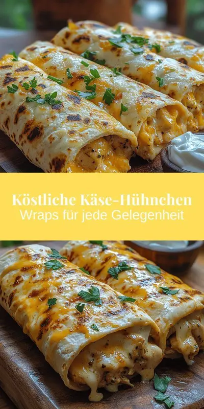 Goldbraun gebratene Käse-Hähnchen-Wraps auf einem Holzbrett angerichtet mit frischen Kräutern und einem Dip.