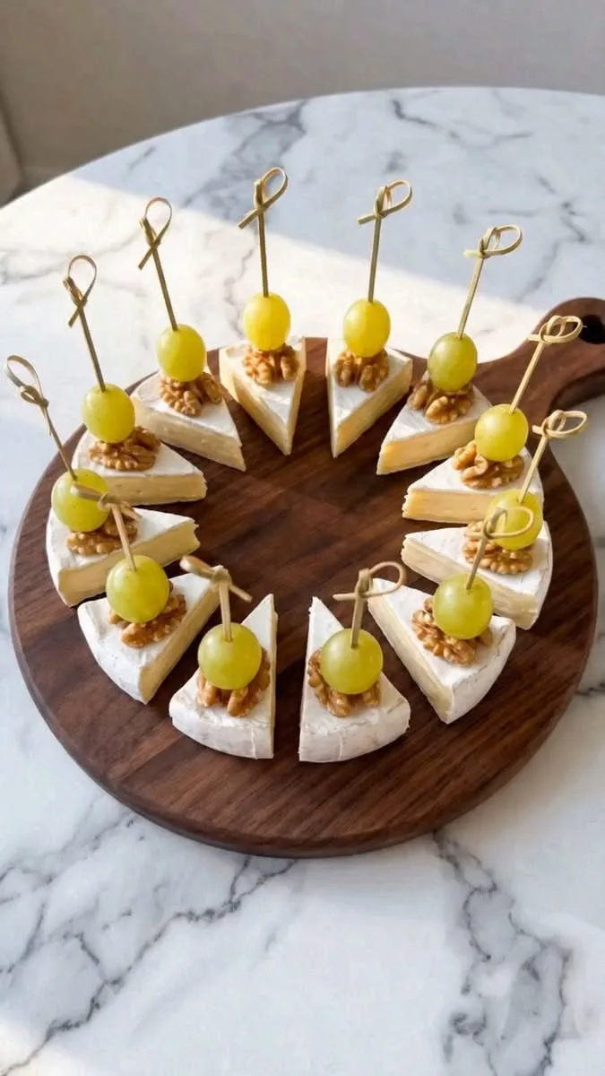 Zwölf dreieckige Camembert-Stücke auf einem runden Holzbrett, garniert mit Walnüssen und Weintrauben auf Bambusspießen.
