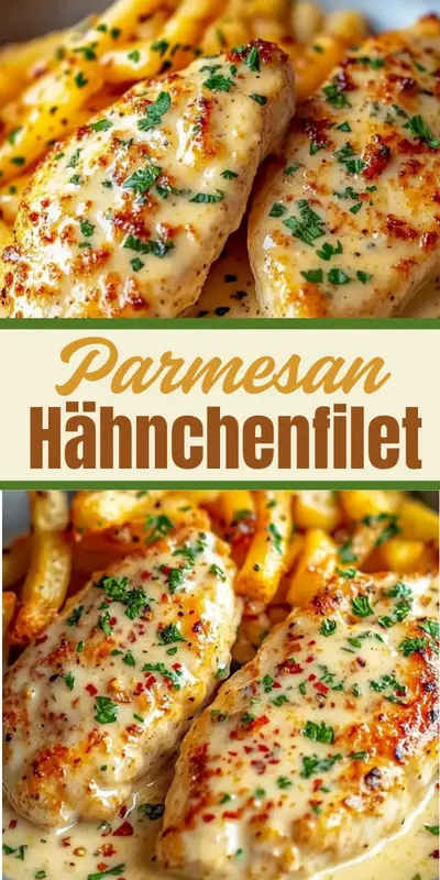 Zwei goldbraun gebratene Hähnchenbrustfilets in einer cremigen Soße mit Kräutern und Kartoffelspalten als Beilage.