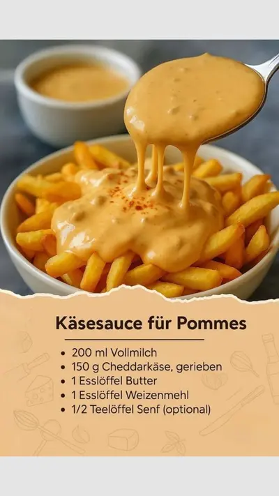 Ein Löffel gießt eine cremige, orangefarbene Käsesauce über eine Schüssel mit goldbraunen Pommes frites.