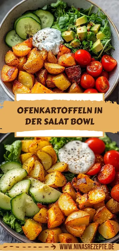 Eine Bowl mit gerösteten Kartoffeln, Gurken, Avocado, Kirschtomaten und Kräuter-Joghurt auf einem Salatbett.