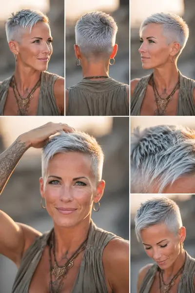 Eine Frau präsentiert einen modernen Pixie-Cut mit kurz rasierten Seiten und strukturiertem, platinblondem Deckhaar.