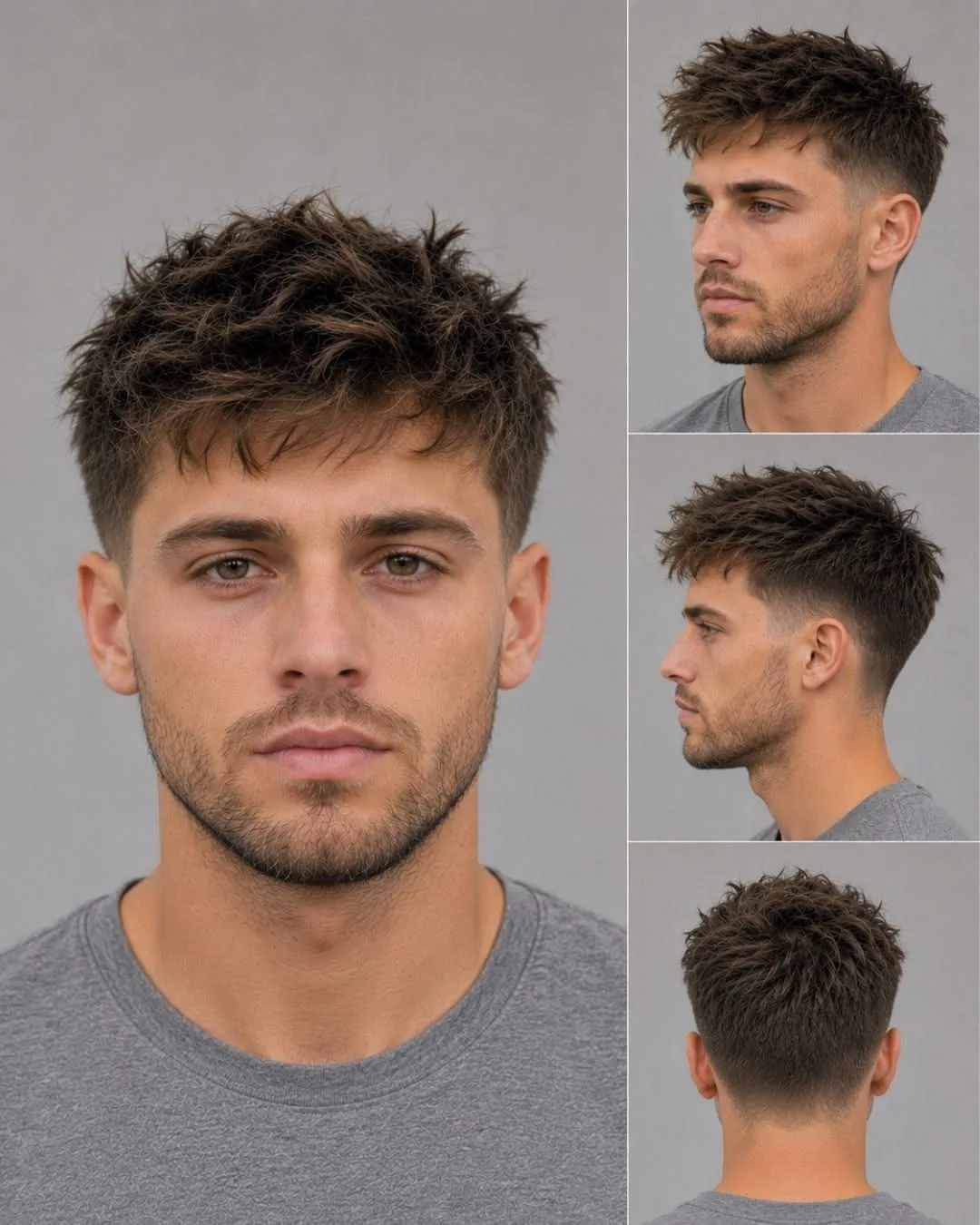 Ein Mann mit strukturiertem Kurzhaarschnitt und Fade aus vier verschiedenen Blickwinkeln vor grauem Hintergrund.