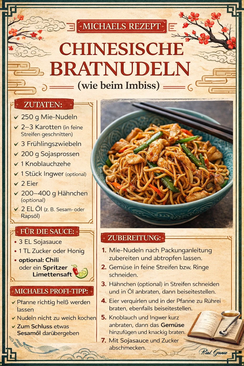 Eine blaue Schüssel gefüllt mit gebratenen chinesischen Nudeln, Hähnchenstreifen und frischem Gemüse.