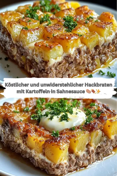 Ein herzhafter Auflauf aus Hackfleisch und goldbraunen Kartoffelwürfeln in cremiger Sauce auf einem weißen Teller.