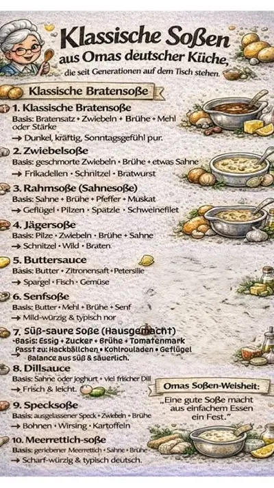 Illustrierte Übersicht von zehn klassischen deutschen Saucen mit Hinweisen zu Zutaten und passenden Gerichten.
