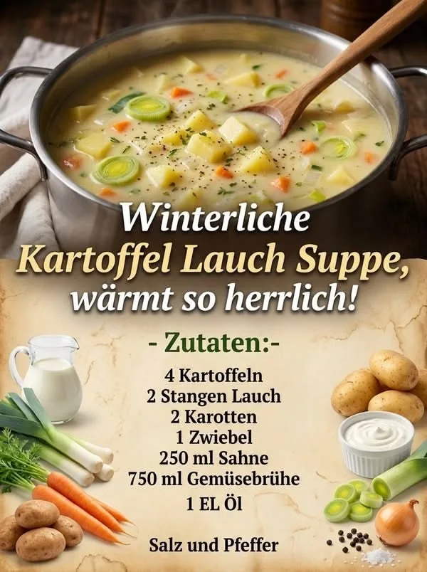 Ein großer Kochtopf mit einer cremigen Suppe aus Kartoffeln, Lauch und Karotten steht auf einem hölzernen Tisch.