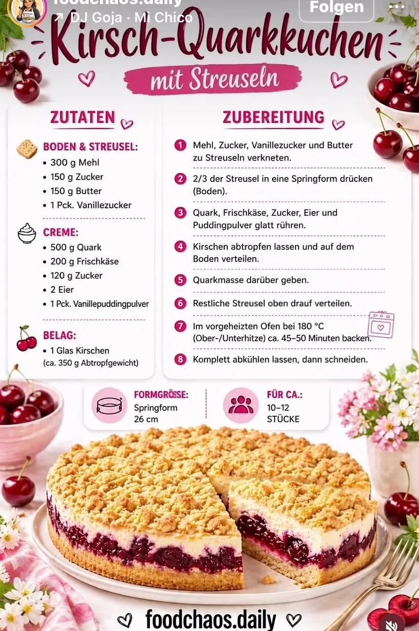 Ein runder Kirsch-Quarkkuchen mit goldbraunen Streuseln auf einem weißen Teller, umgeben von Kirschen und Blumen.