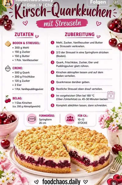 Ein runder Kirsch-Quarkkuchen mit goldbraunen Streuseln auf einem weißen Teller, umgeben von Kirschen und Blumen.