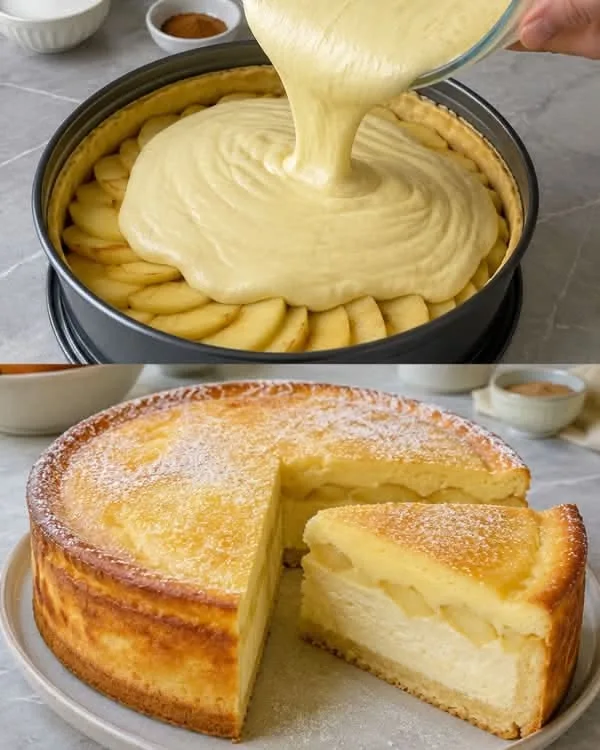 Eine Hand gießt Teig über Apfelscheiben in einer Springform und der fertig gebackene Apfelkuchen auf einem Teller.