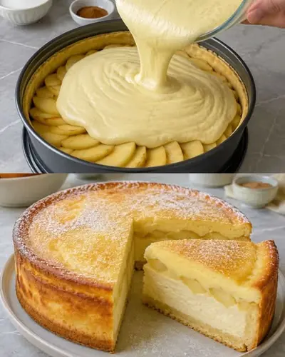 Eine Hand gießt Teig über Apfelscheiben in einer Springform und der fertig gebackene Apfelkuchen auf einem Teller.