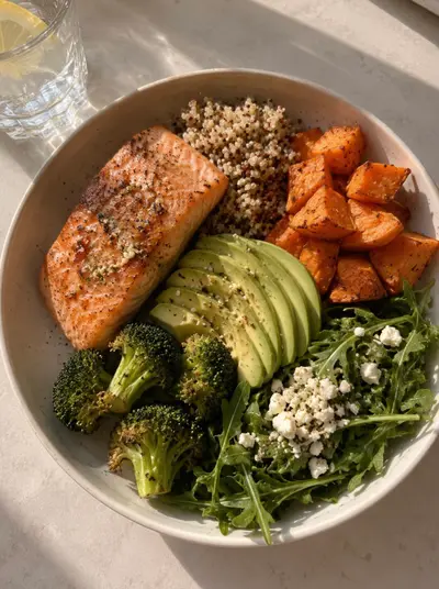 Eine helle Schüssel mit gebratenem Lachs, Quinoa, Süßkartoffeln, Avocado, Brokkoli, Rucola und Feta.
